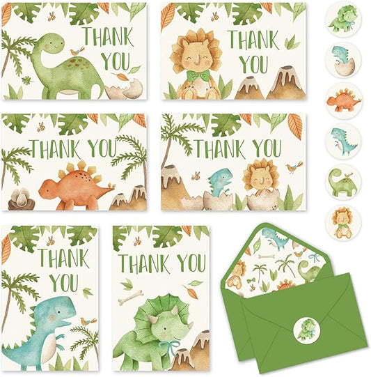 36 Pack Dinosaur Thank You Cards Cute Greeting Cards with Envelopes Stickers Blank Note Cards for Birthday Baby Shower, 4 x 6 Inch
