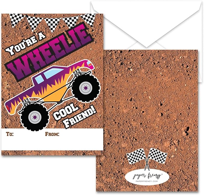 Paper Frenzy Monster Truck Themed Valentines - 25 pack WITH ENVELOPES