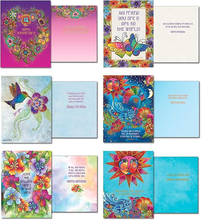 Leanin' Tree The Brilliant Colors of Laurel Burch Greeting Cards Assortment Box, Made In USA, 20 Assorted Cards with Envelopes All Occasion, Cute Stationery Set for Women with Bright Stunning Artwork