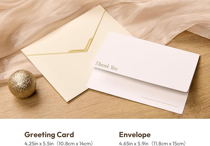 20 Pack Thank You Cards with Envelopes, 4.25×5.5 Inch Textured Thank You Notes, Gold Foil Debossed Cards with V-Shape Gold Foil Envelopes, Blank Inside for Wedding, Baby Shower & Business (IVORY)