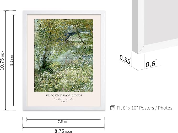 Monem Art Vintage Van Gogh Poster - Retro Impressionist Print - River Bank in Springtime, Flowers, Landscape - Gift for Artist, Friend - Wall Decor for Home, Office, 8x10 White Framed