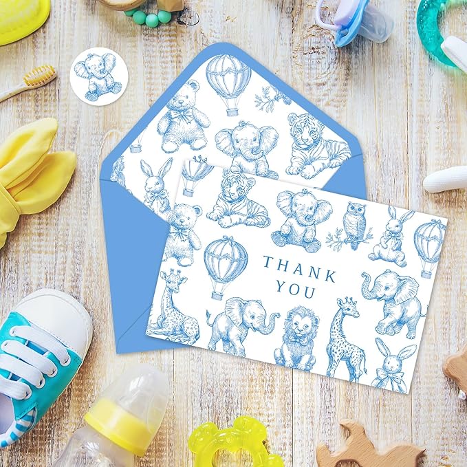 Whaline 24 Pack Baby Shower Thank You Card Cute Blue White Animal Greeting Cards with Envelopes Stickers Blank Note Cards for Gender Reveal Birthday Party Supplies