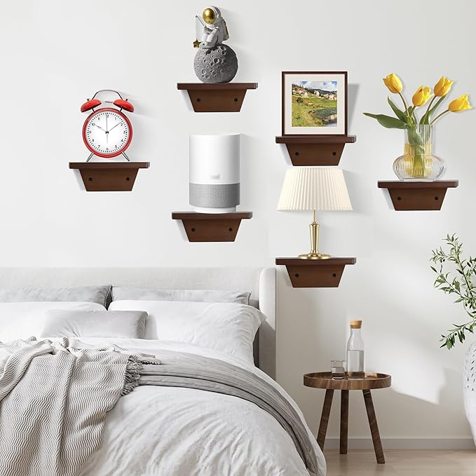 PHOENANCEE Small Floating Shelves,Trapezoid Wall Shelf for Speaker Table Lamp Plants Display,Decorative Wood Ledges Chic for Living Room,Bedroom,Kitchen,Office,Pine,8x6 Inch,2 Pack(Walnut)