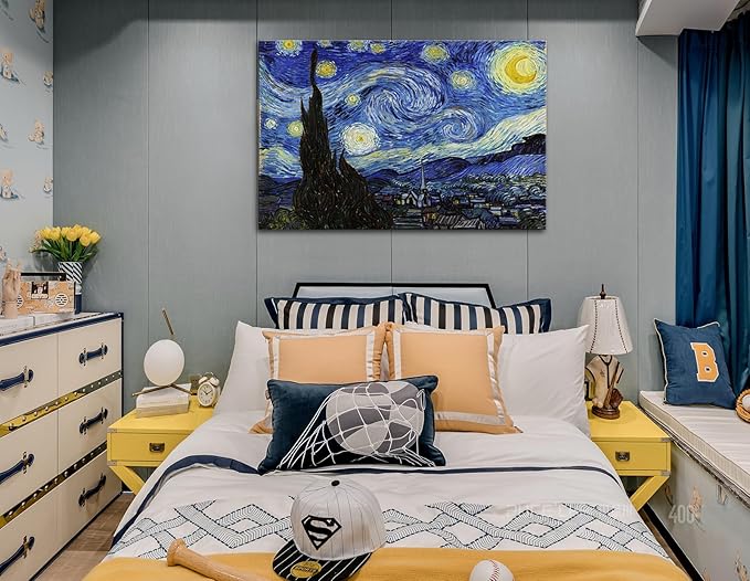 Starry Night, Vincent Van Gogh Canvas Wall art, Classic Paintings Framed Pictures Poster, Abstract Artwork Prints for Home Decor 32"x48"