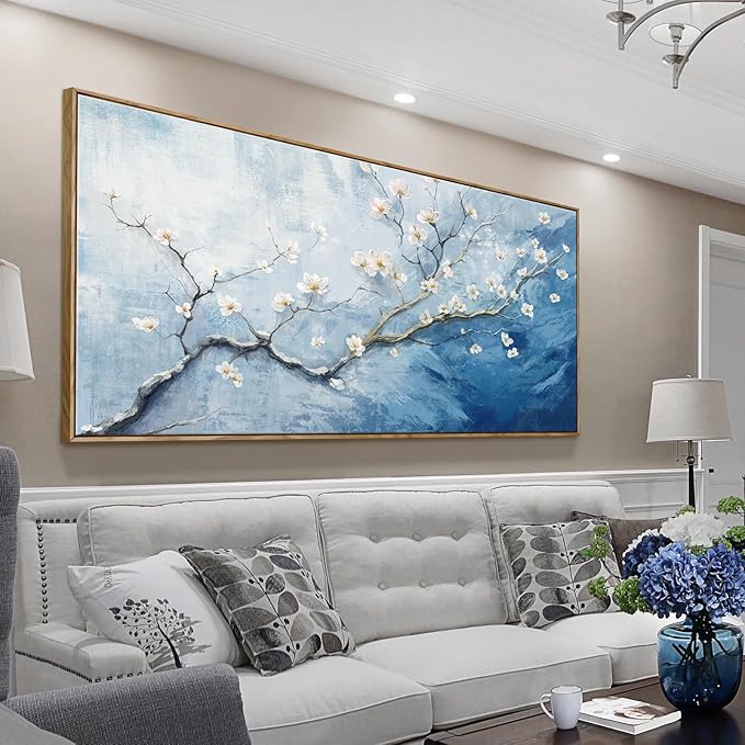 Extra Large Framed Floral Wall Art - 58x29 Inch Blue and White Plum Blossom Canvas Print with Wooden Frame - Elegant Botanical Decor for Bedroom & Living Room