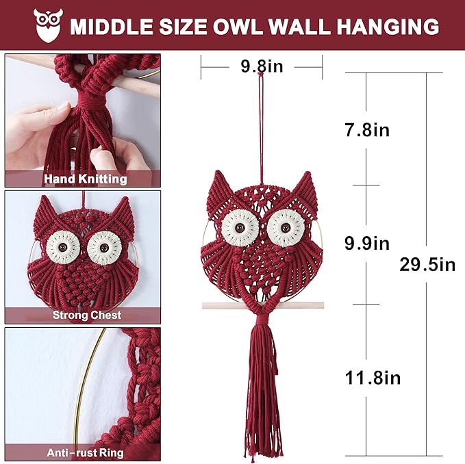 MVSUTA Owl Burgundy Cotton Handmade Macrame Wall Hanging Tapestry Home Decor Art and Red Craft Wonderful Decoration Woven Boho Ornament for Office Bedroom Apartment Living Room Nursery Gallery,1pc