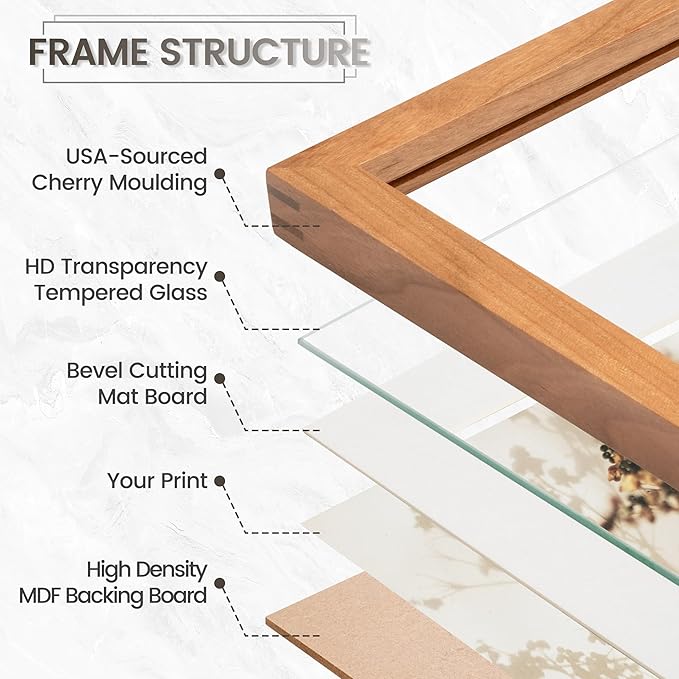 18x24 Poster Frame, USA-Sourced Natural Cherry Wood Picture Collage Frame with HD Tempered Glass, Modern Simple 18 x 24 Wooden Photo Frame Matted to 16x20, Vertical & Horizontal Wall Hanging Display