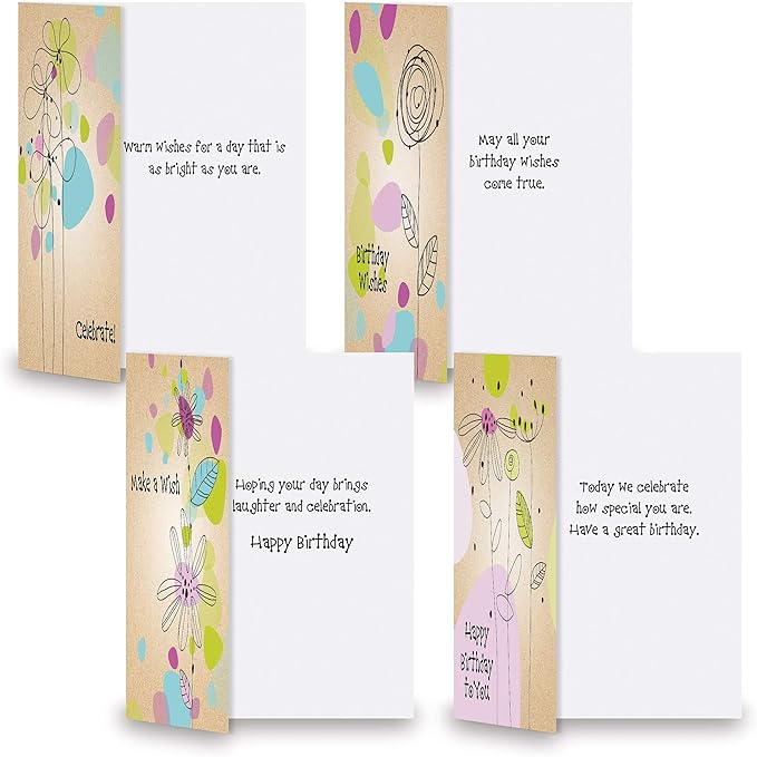 Current Kraft Blossoms Happy Birthday Greeting Card Set - Value Pack of 20 Cards With White Envelopes, 10 Designs, Large 5" x 7" Assortment