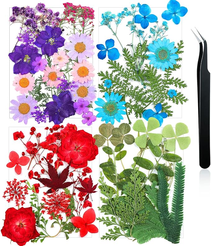Nuanchu Dried Flower for Crafts Resin Pressed Flowers Bulk Real Dried Wildflowers Leave Natural with Tweezer for Resin Mold Scrapbooking DIY Nail Soap Candle Cake Card Making Christmas Craft Supplies