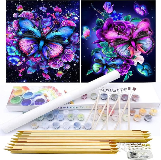 BAISITE Paint by Numbers Kit for Adults Beginners,12" Wx16 L 2 Pack Canvas for Painting Kits for Adults in Colorful Box-Butterflies 5152-DIY Frame