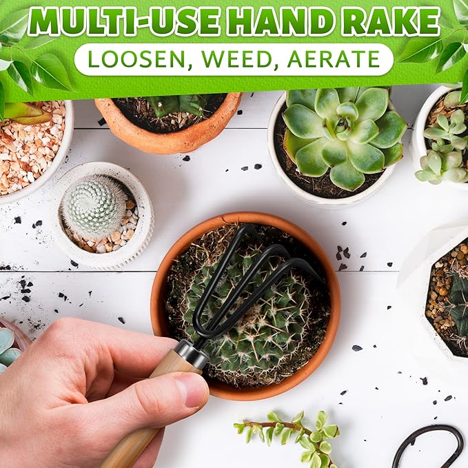 3 Pcs Small Garden Tools for Gardening – Planting Tools Set with Small Garden Shovel Hand, Ergonomic Hand Rake, Rustproof & Solid Wood Handle – Shovels for Digging & Indoor Plant Care