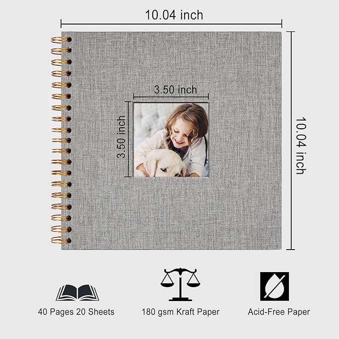 10 x 10 Inch Scrapbook Photo Album, DIY Memory Book Linen Cover for Photos, Hardcover Kraft White Pages Scrap Book Photo Albums for Travel, Wedding Anniversary Family Christmas Baby 40 Pages, Grey