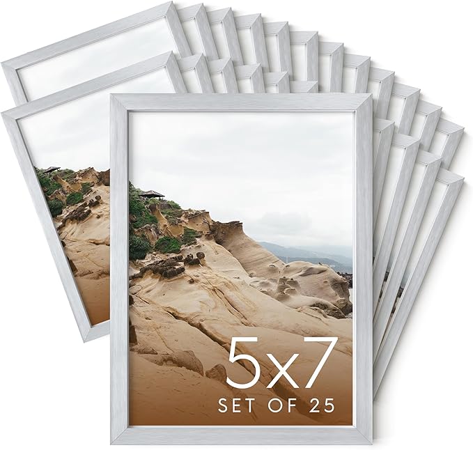 HAUS AND HUES 5x7 Silver Metal Picture Frames - Bulk Frames 5X7 - Features Premium Aluminum, Vertical Hanging, Easel Back for Tabletop, Home, Office (5x7 in, Silver, Set of 25)