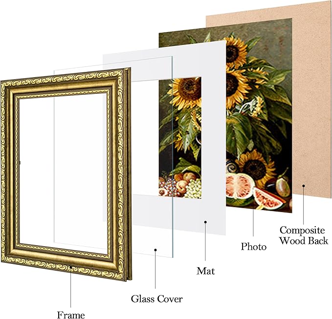 eletecpro 8x10 Picture Frames Set of 4, Vintage Photo Frame with Glass, Gold Frames 8 x 10 Display 5x7 Photo with Mat or 8x10 without Mat for Tabletop or Wall Decor, Gold