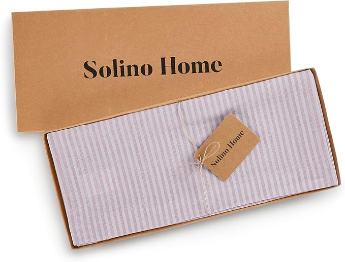 Solino Home Linen Table Runner 60 Inches - Narrow Stripe 100% Pure Linen Pink and White Farmhouse Table Runner 14 x 60 Inch Ideal for Dresser and Coffee Tables, Valentines, Spring, Easter
