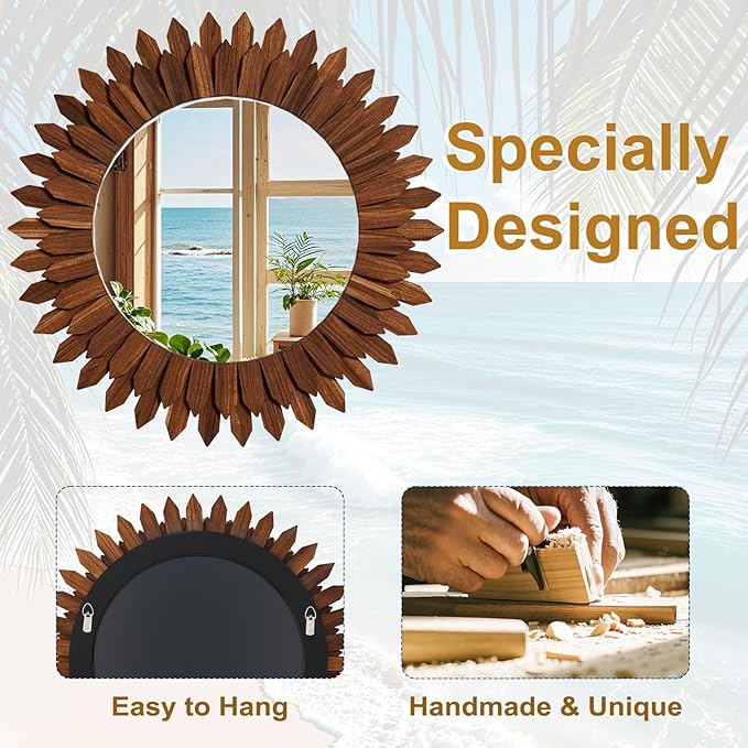 24 Inch Walnut Boho Wall Decor Sunburst Mirror - Round Wooden Wall Decor, Handmade Rustic Circular Mirror for Living Room, Bedroom, Entryway, Office
