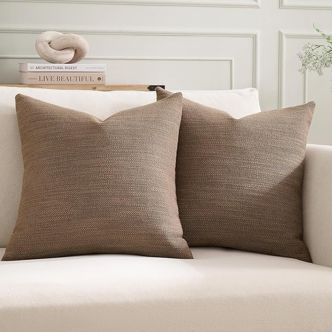 Meekio Set of 2 Linen Look Chocolate Brown Pillow Covers 20x20, Decorative Throw Pillow Covers for Couch, Sofa, Bed & Living Room Decor
