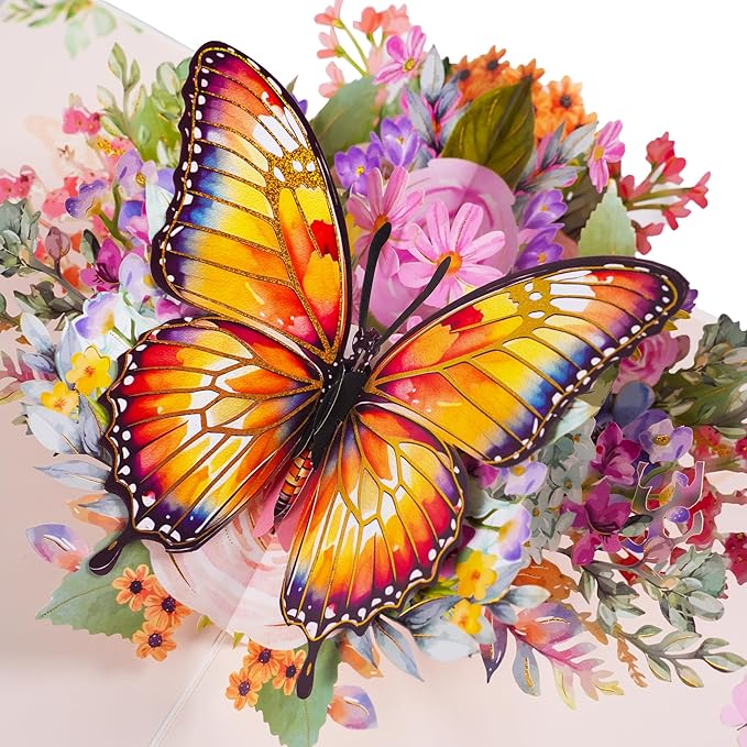 3D Bouquet Butterflys Gold Pop Up Thank you Card, Teacher Appreciation Card, Handmade Flowers Box Greeting Cards with Note and Envelope for New Year Anniversary Valentines