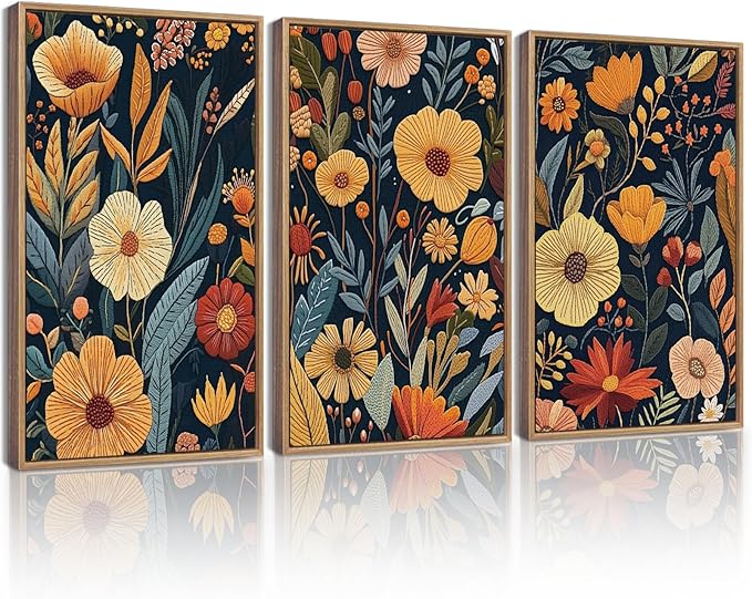 KUVIOKE Vintage Flower Framed Wall Art Colorful Boho Floral Wall Decor Botanical Retro Wildflower Modern Artwork Bedroom Living Home Decor 11x14in (Natural Framed)