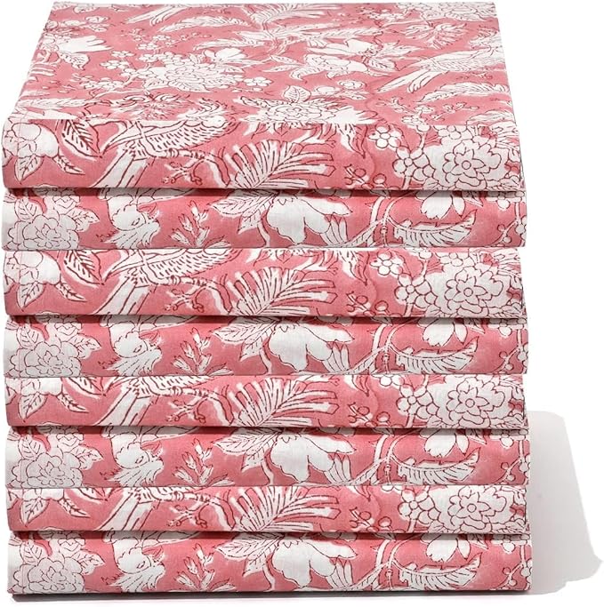CPC Cloth Napkins 100% Cotton Set of 4 Reusable Napkins, Indian Block Print Toile Floral Dinner Napkin, Fall Thanksgiving Christmas Holiday Party Gift - Soft Absorbent Napkin, 18"x18" Pink Coral