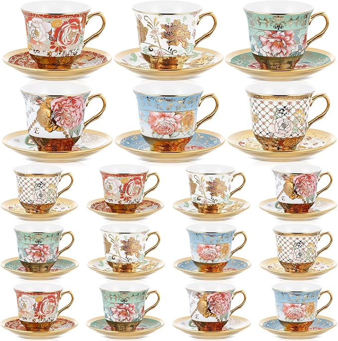 Set of 18 Tea Cups and Saucers Tea Party Decorations Floral Porcelain 5.4 oz British Gift for Women Birthday Party, Church, and Mother's Day (Stylish Style)