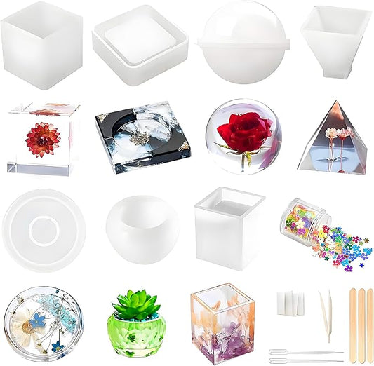 Resin Molds Silicone Kit 20Pcs,Epoxy Resin Molds Including Sphere,Cube,Pyramid,Square,Round, Used for Create Art,DIY,Coasters,Candles.Bonus Decorative Sequins and The Complete Set Tools