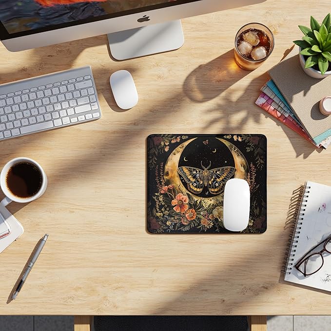 Moody Gothic Floral Butterfly Moon Mouse Pad, Dark Contemporary Botanical Mousepad for Desk Home Office Dorm Computers Laptop, Witchy Celestial Office Supplies Desk Accessories, 9.5x7.9 Inch
