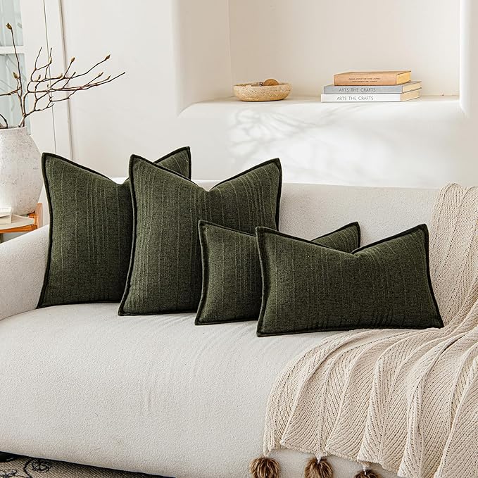 a moment Linen Pillow Covers Set of 2,Boho Farmhouse Throw Pillowcases Neutral Textured Decorative Covers for Couch Sofa,Linen Blend Accent Case Cushion Living Room Home Decor 24"x24"Dark Green