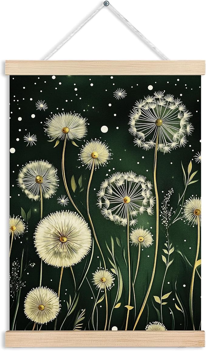 MVLJG Moody Vintage Dandelion Floral Wall Art Poster, Dark Cottagecore Decor, Dark Green Botanical Dandelion Canvas Prints Hanging Wall Decor for Home Bedroom Living Room, 12x16 Inches