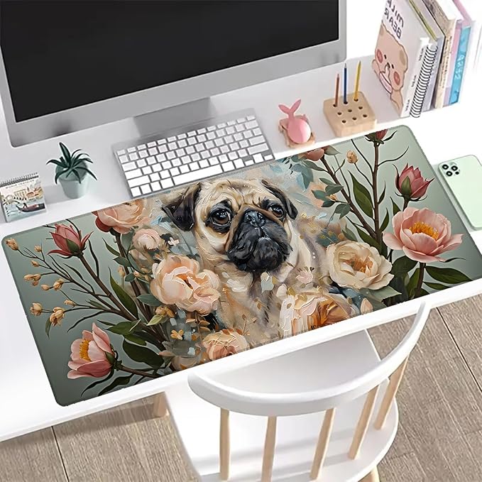 Floral Pug Gaming Mouse Pad, Office Desk Mat, Anti-Slip Rubber Base Cool Aesthetic Mouse Pads for Computer Laptop Keyboard School Home Desktop Gamer Home Accessories Decor 31.5" x 11.8"