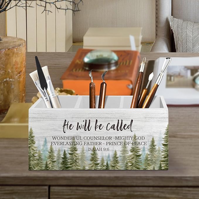 Christian Christmas Pen Pencil Holder Organizer for Desk Accessories, Winter Xmas Tree Bible Verse Scripture Wooden Box Sign Desk Decor for Home Office Decoration, Religious Christmas Decor