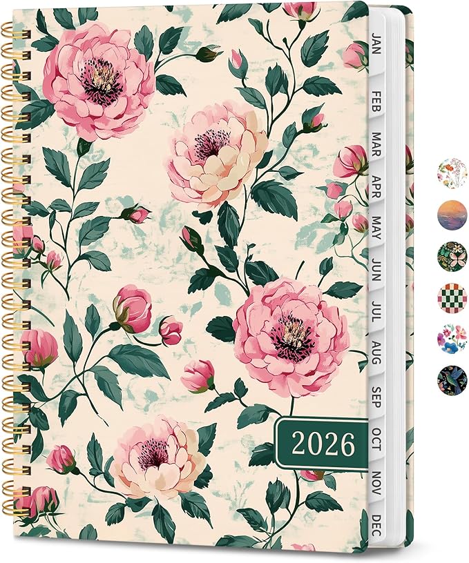 2026 Planner, Weekly and Monthly Calendar Planner for Women, Jan 2026 - Dec 2026, Hardcover Planning Agenda book with Tabs, Spiral Bound, Inner Pocket, Perfect for School Office Supplies, 6.3" x 8.5" - Blush Peony