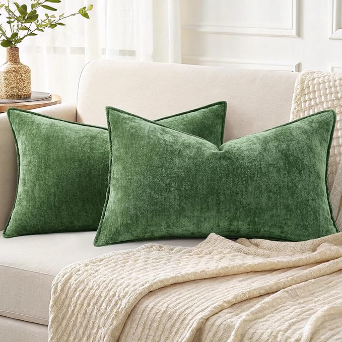 decorUhome Spring Couch Throw Pillow Covers 12x20 Set of 2, Decorative Soft Velvet Neutral Chenille Lumbar Pillow Covers with Elegant Design for Sofa Bed Living Room Home Decor, Moss Green