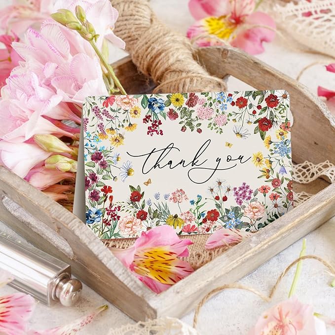 Artoid Mode 36 Pack Vintage Wildflower Flowers Thank You Cards Floral Greeting Cards Gift With Envelope Sticker Blank Note Cards for Birthday Wedding Baby Shower Bridal Shower, 4 x 6 Inch