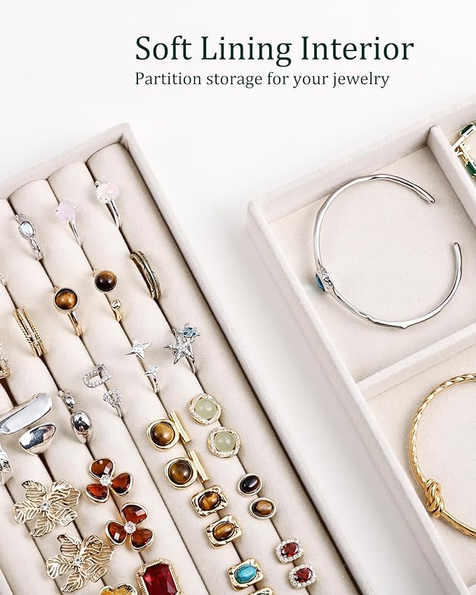 Stackable Jewelry Organizer Trays with Removable Dividers, 6-Tray Beige Jewelry Drawer Organizer Set for Earrings, Necklaces, Rings & Bracelets Gift for Her