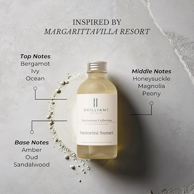 Brilliant Scents Santorini Sunset Fragrance Oil 120ml - Premium Diffuser Oil for Home, Office, Hotels - Long Lasting, Plant-Based, Meets IFRA Standards, USA-Made - Ivy, Magnolia, Oud