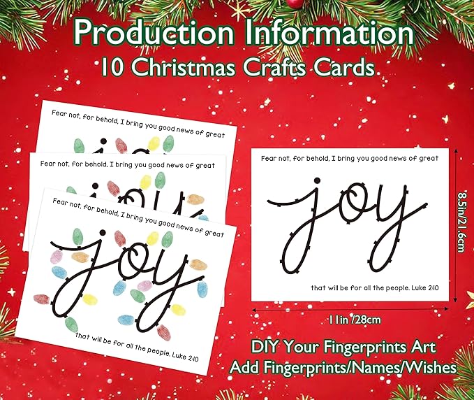 Joy Christmas Fingerprint Art Craft Kit for Family Activities, 10 Pcs Christmas Crafts Bulk DIY Handprint Card Making, Funny Finger Paint Keepsake Gift for Mom Dad Grandma Grandpa