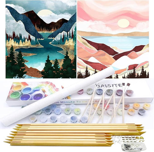 BAISITE Paint by Numbers Kit for Adults Beginners,12" Wx16 L 2 Pack Canvas for Painting Kits for Adults in Colorful Box-Sunset Lake Mountains 1112-DIY Frame