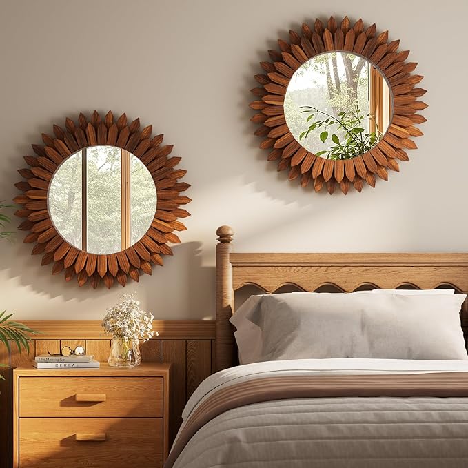 24 Inch Walnut Boho Wall Decor Sunburst Mirror - Round Wooden Wall Decor, Handmade Rustic Circular Mirror for Living Room, Bedroom, Entryway, Office