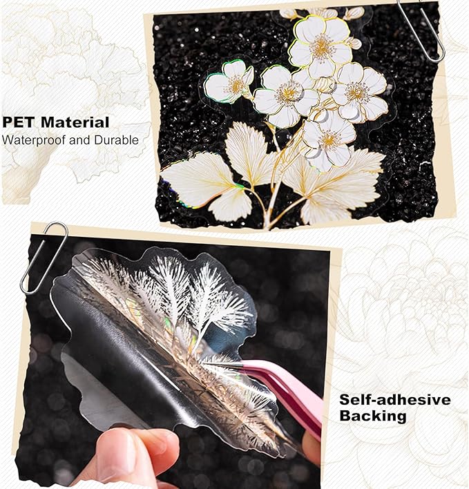 Floral PET Stickers – 60 Foil-Stamped Self-Adhesive Flower Designs Waterproof Transparent Stickers for Scrapbooking Journaling DIY Crafts and Decoration