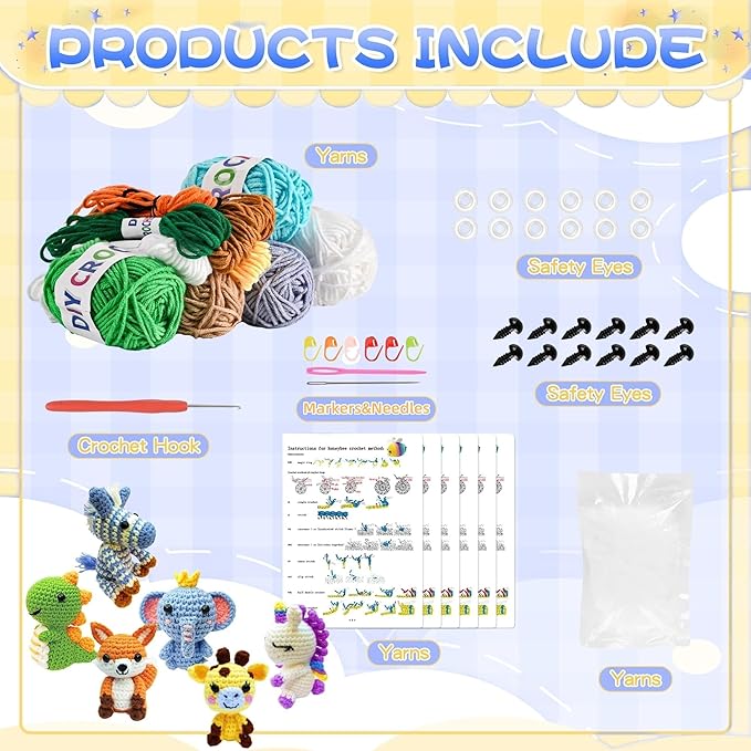 OLHKYN 6Pcs Crochet Kit for Beginners, 2025 DIY Craft for Adults and Kids, Great Gift for Crochet Lovers, Crocheting Animal Kits with Step by Step Videos,Yarn,Crochet Hook,Birthday Holiday Gift