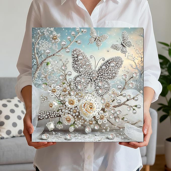 DIY Pearl Painting Kit with Wooden Frame, 3D Plastic Pearl Gemstone Ocean Art Craft for Adults Beginners, Diamond Art Kits for Adults, Home Wall Decor Ready Gift for Women(Butterfly Garden)(30*30cm)