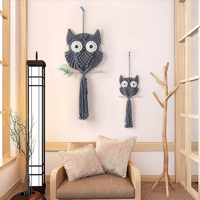 MVSUTA Owl Grey Cotton Handmade Macrame Wall Hanging Tapestry Home Decor Art and Gray Craft Wonderful Decoration Woven Boho Ornament for Office Bedroom Apartment Living Nursery Gallery,2pcs set:1pc L