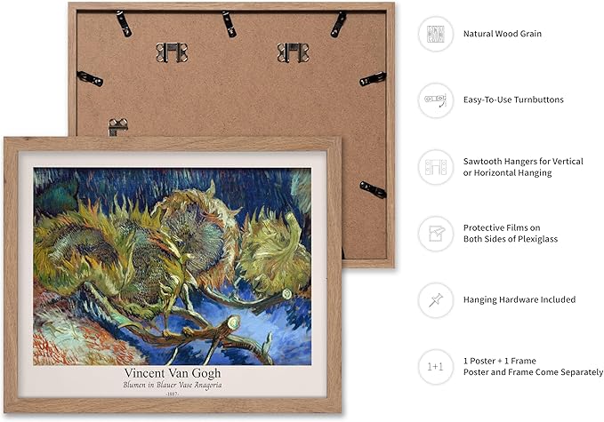 Monem Art Vintage Van Gogh Poster - Retro Blumen in Blauer Vase Anagoria Print - Sunflower Art - Impressionism Art - Fine Art - Classic Painting Art - Bedroom Wall Decor - 16x20 Beige Framed