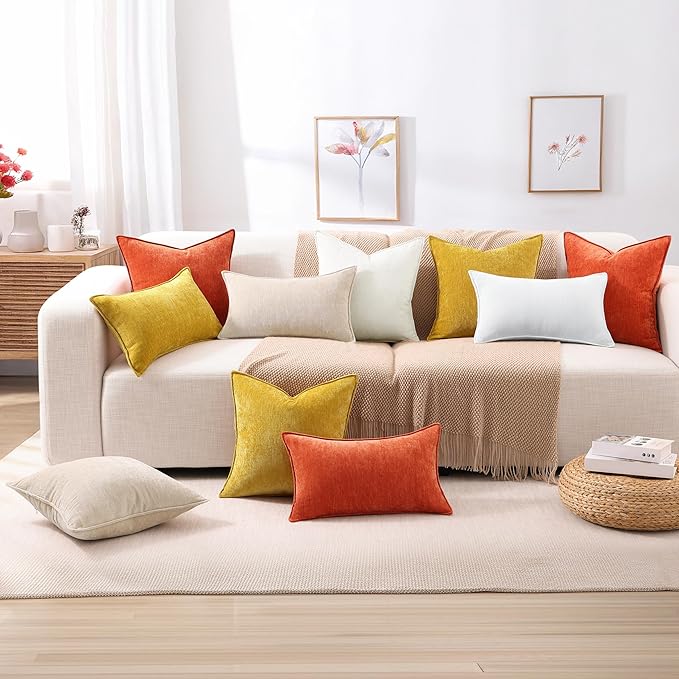 decorUhome Spring Couch Throw Pillow Covers 18x18 Set of 2, Decorative Soft Velvet Neutral Chenille Pillow Covers with Elegant Design for Sofa Bed Living Room Home Decor, Mineral Yellow