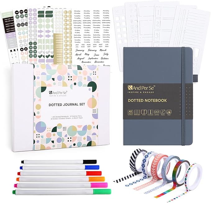 &And Per Se Bullet Dotted Journal Kit, A5 Hardcover Dotted Journaling Set (Dark Blue), 6 Fineliner Pens, 8 Sticker & 5 Stencil Sheets, 6 Washi Tapes with Giftable Box