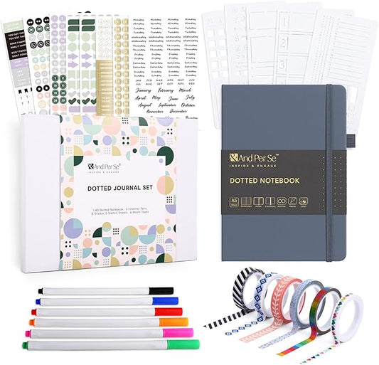 &And Per Se Bullet Dotted Journal Kit, A5 Hardcover Dotted Journaling Set (Dark Blue), 6 Fineliner Pens, 8 Sticker & 5 Stencil Sheets, 6 Washi Tapes with Giftable Box