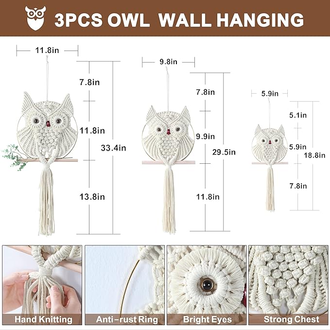 MVSUTA Owl Ivory Cotton Handmade Macrame Wall Hanging Tapestry Home Decor Art Cream Craft Wonderful Decoration Woven Beige Boho Ornament for Office Bedroom Apartment Living Nursery Gallery,3pcs