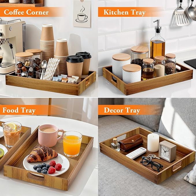 Serving Trays - 2 Pack, Acacia Wood Serving Platters with Ergonomic Handles, Versatile Rustic Decorative Trays for Breakfast, Brunch, Dinner, Coffee Table, Party, Kitchen-M
