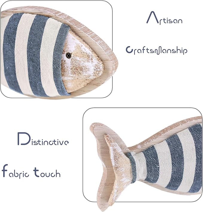 NAUTIMALL Wooden Fish Figurines with Jute Rope and Cotton String, Fish Sculpture Statues for Home Decoration, Table Top Nautical Decor for Living Room, Bedroom, Beachhouse Home Decor (StripedFish-3)